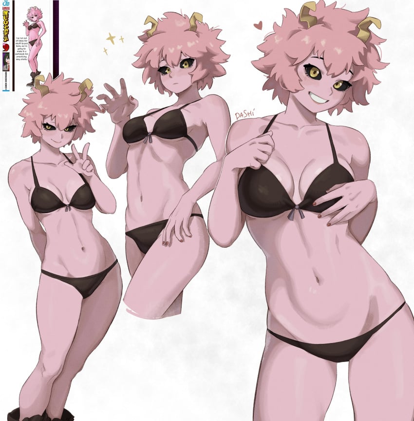 bikini bikini_bottom bikini_top black_bikini black_bra black_eyes black_panties boku_no_hero_academia breasts cleavage dashi_art horn horns midriff mina_ashido my_hero_academia pink_hair pink_skin pinup pinup_girls pinup_pose sexy solo solo_female solo_focus thighs toned toned_female underwear