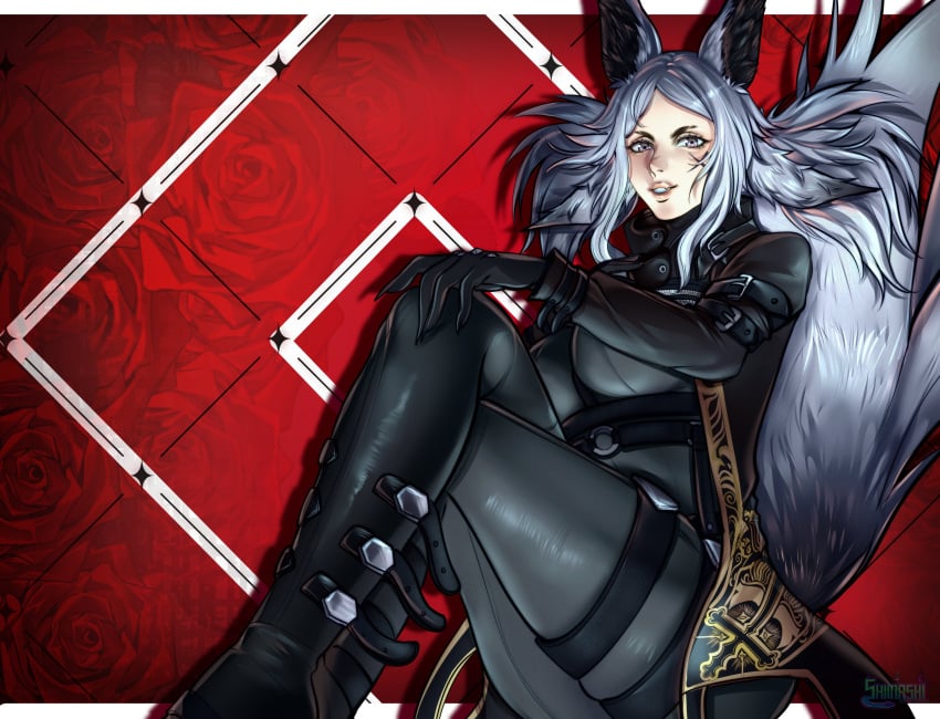 animal_ears black_gloves blood blue_eyes boots breasts dya_rikku_(vtuber) facial_mark female flower fox_ears fox_tail gloves grey_eyes jacket knife lips long_hair long_sleeves looking_at_viewer lying on_back parted_lips red_flower red_rose rose signature silver_eyes silver_hair solo sword tail teeth vyugen weapon white_eyes