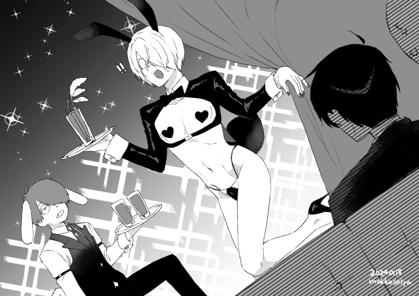 3boys bunny_ears bunnysuit crossdressing dilf father_and_son femboy femboy_dilf gegege_no_kitarou hair_over_one_eye heart_pasties high_heels kitarou kitarou_tanjou_gegege_no_nazo male male_only medama_oyaji_(human) mizuki_(gegege_no_kitarou) mokkaseiya monochrome parent_and_child pasties reverse_bunnysuit solo_focus tray twink