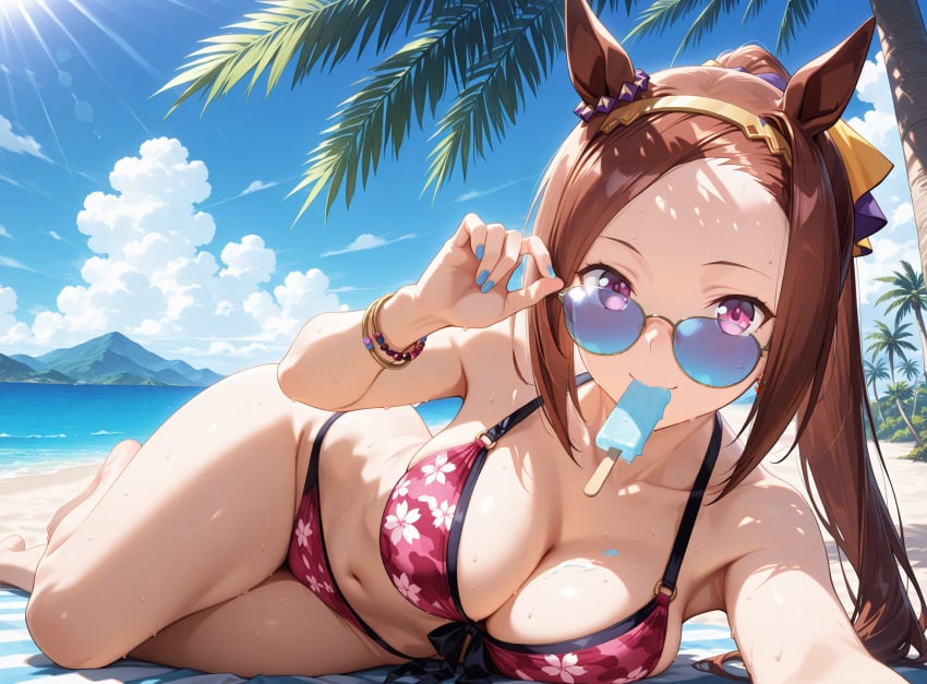 ai_generated animal_ears beach bikini brown_hair female flower_print_bikini hair_accessory hairband horse_girl laying looking_at_viewer ponytail purple_eyes sakura_bakushin_o_(umamusume) umamusume umamusume_pretty_derby