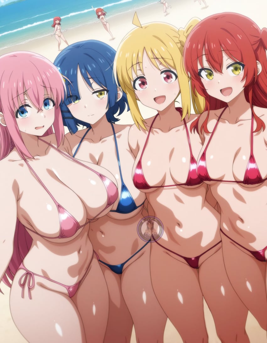 4girls ahoge ai_generated beach bikini blonde_hair blue_eyes blue_hair blush bocchi_the_rock! breasts brown_eyes embarrassed female female_focus female_only gotou_hitori green_eyes huge_breasts ijichi_nijika kita_ikuyo light-skinned_female light_skin long_hair looking_at_viewer medium_breasts micro_bikini ocean open_mouth outdoors pink_hair ponytail red_hair short_hair side_ponytail small_breasts smile yamada_ryou yellow_eyes yuukiai