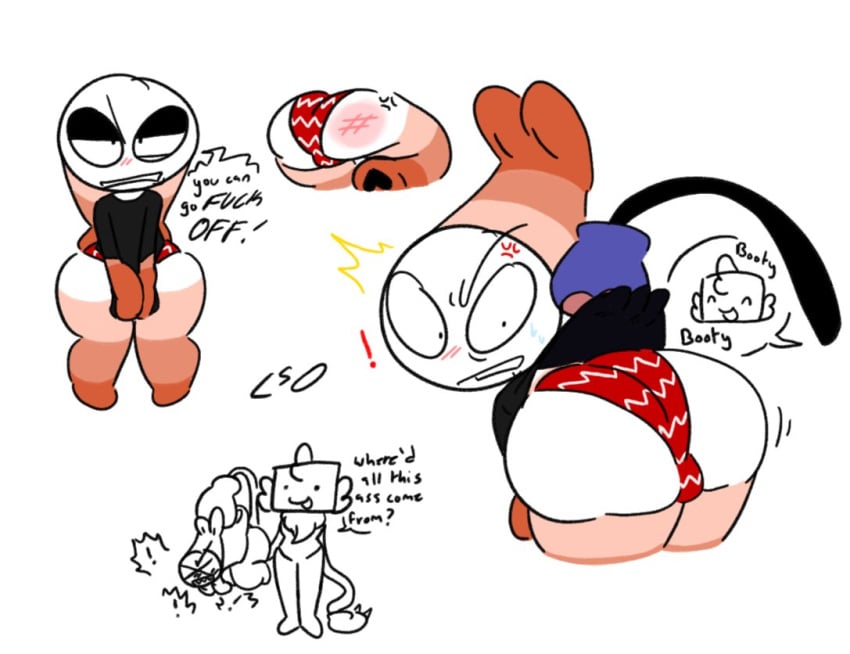 1boy1femboy 1femboy 2boys angry ball_bulge blush bulge bulge_through_clothing bulge_under_clothes cussing dandy's_world dandys_world dialogue embarrassed fat_ass goob_(dandy's_world) holding_clothing imprint lifting_shirt majingajin male multicolored_body no_legwear no_pants pissed_off red_claws red_panties roblox roblox_game shrimp shrimpo_(dandy's_world) simple_background size_difference smacking_ass striped_panties swear swearing sweat thick_thighs