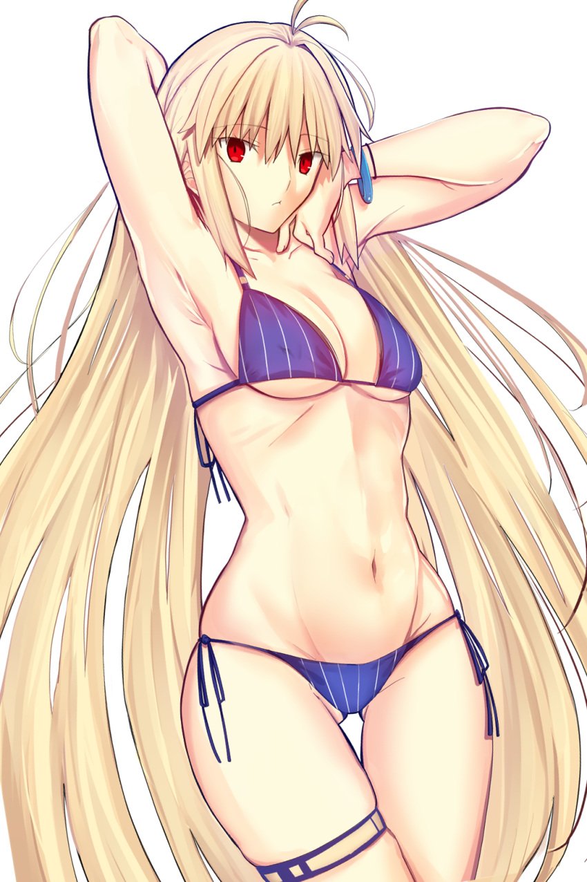 archetype_earth arcueid_brunestud arm_up armpit_focus armpits arms_behind_head arms_up bare_arms bare_shoulders bikini blonde_hair blue_bikini bracelet breasts collarbone female full_body hair_between_eyes highres iro_(sekaixiro) jewelry large_breasts long_hair looking_at_viewer navel presenting_armpit red_eyes simple_background solo swimsuit tsukihime type-moon white_background zhen_zu