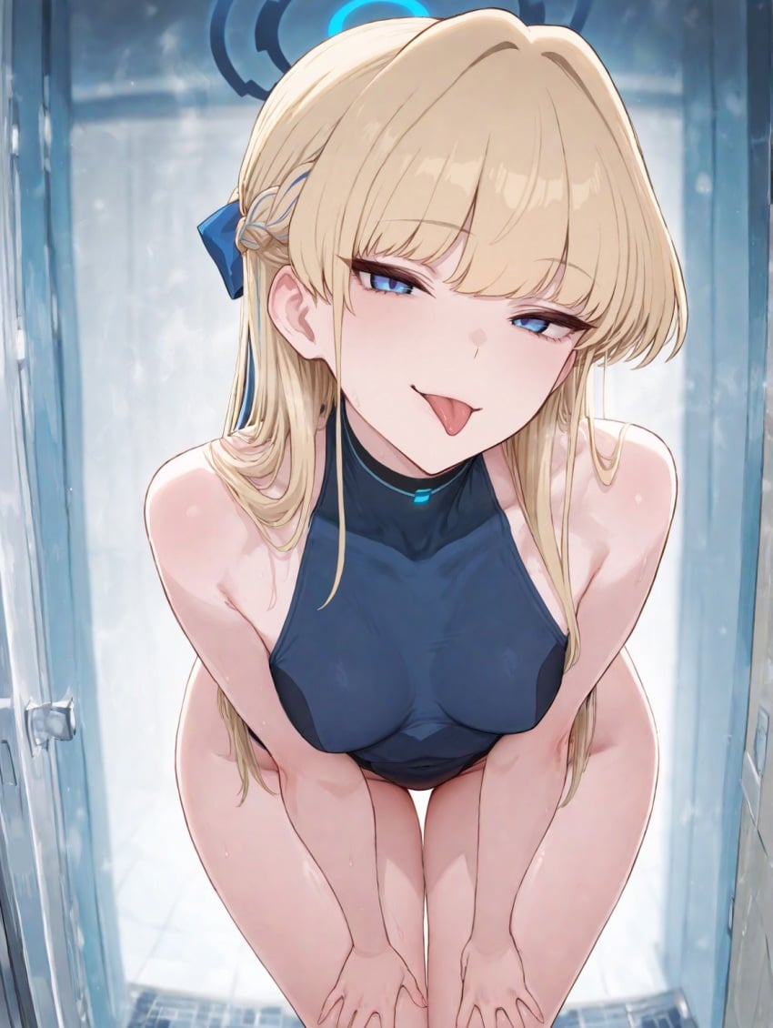 ai_generated bent_over blonde_female blonde_hair blue_archive blue_eyes breasts hair_ribbon halo legs long_hair looking_at_viewer smirk swimsuit thick_thighs thigh_gap thighs toki_(blue_archive) tongue tongue_out wide_hips