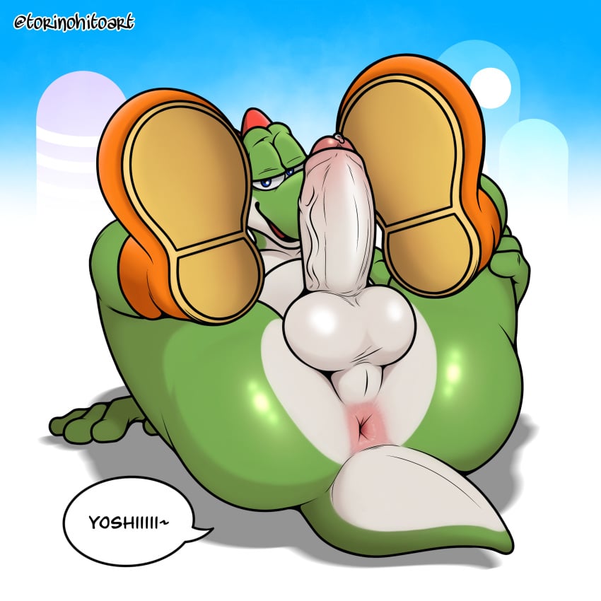 1:1 absurd_res anthro anus ass balls belly big_butt biped bodily_fluids boots bottomless clothed clothing dinosaur erection fingers footwear genital_fluids genitals green_body green_yoshi happy hi_res holding_leg humanoid humanoid_genitalia humanoid_penis imminent_sex leg_grab legs_up looking_at_viewer looking_pleasured looking_through looking_through_legs lying male mario_bros nintendo nude on_back open_mouth penis precum prehistoric_species presenting presenting_anus reptile scalie shoes simple_background solo speech_bubble spread_anus spreading tail tail_anus text thick_thighs tongue torinohito wide_hipped_anthro wide_hipped_male wide_hips yoshi