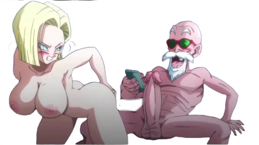 1boy android_18 ass bald beard bent_over blonde_hair blue_eyes blush breasts cellphone clenched_teeth completely_nude dragon_ball earrings erection facial_hair female holding holding_phone jewelry large_breasts large_penis male master_roshi moustache nipples nude old penis phone short_hair smartphone straight sunglasses teeth testicle, uncensored wrinkled_skin yamamoto_doujin