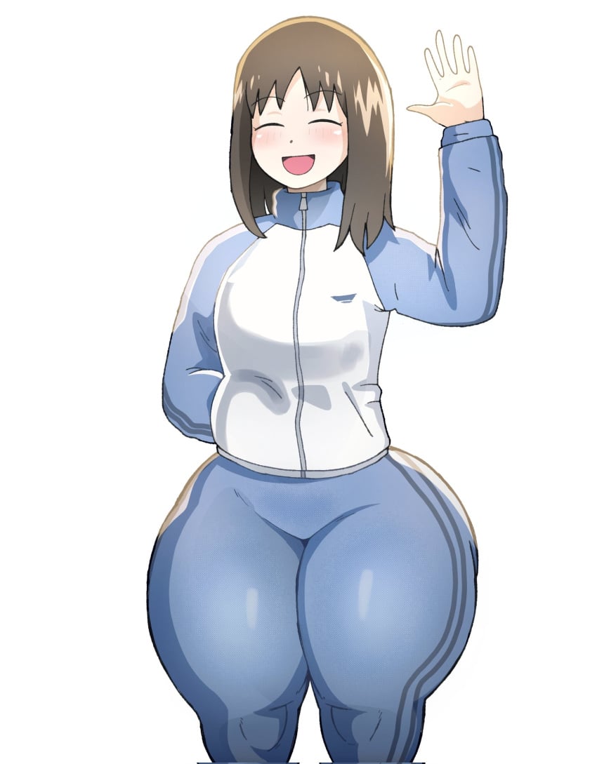 azumanga_daiou brown_hair closed_eyes female jumpsuit long_hair osaka_ayumu_kasuga smile theodyss thick_thighs waving wide_hips yotsuba&!