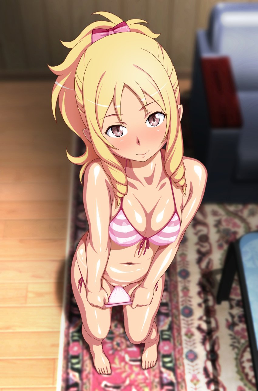 bare_arms bare_legs barefoot blonde_hair blush bow breasts chair clitoris closed_mouth collarbone drill_hair eromanga_sensei feet female floor from_above front-tie_bikini full_body green_eyes hairbow indoors looking_at_viewer navel ponytail pussy pussy_peek rug shadow side-tie_bikini solo standing striped striped_bikini swimsuit table tan toes twin_drills wooden_floor yamada_elf yanagi_hirohiko