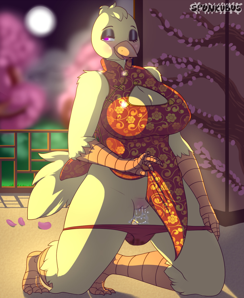 anthro avian big_breasts bird blush breasts chica_(fnaf) chicken chinese_clothing chinese_dress cleavage clothed clothing dress female five_nights_at_freddy's hi_res keyhole_turtleneck non-mammal_breasts panties presenting pussy pussy_juice solo spunkubus sweater underwear video_games year_of_the_rooster