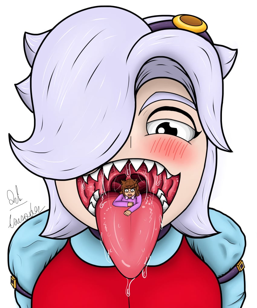 art_crusader brawl_stars colette_(brawl_stars) giantess giantess_vore imminent_vore macrophilia mawshot oral_vore saliva saliva_string scared scared_prey unwilling_prey vore