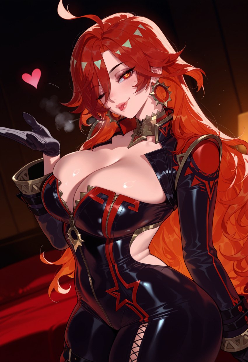 1girls ahoge ai_generated balecxi bangs bare_shoulders black_bodysuit black_gloves blowing_kiss blush bodysuit breasts choker cleavage clothing clothing_cutout covered_navel curvaceous curvaceous_female curvaceous_figure curvy curvy_figure earrings female female_focus female_only genshin_impact gloves heart hoyoverse inviting inviting_to_sex jewelry large_breasts lips long_hair long_sleeves looking_at_viewer mavuika_(genshin_impact) navel one_eye_closed orange_eyes presenting presenting_breasts presenting_self red_eyes red_hair seductive seductive_look seductive_smile skin_tight smile solo thighs tongue tongue_out very_long_hair voluptuous voluptuous_female zipper zipper_pull_tab