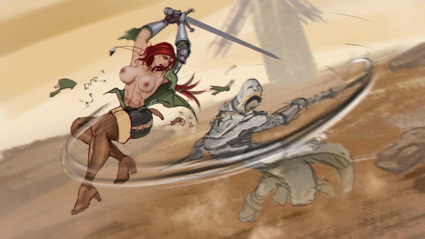 altus_plateau big_breasts breasts broken_armor capernian clothes_falling_off clothes_removed clothes_ripping elden_ring exposed_breasts female female_warrior fight fighting godskin_apostle losing_fight minyerva nice_tits oc ripped_clothing sword torn_clothes torn_clothing torn_shirt twin_blades weapons