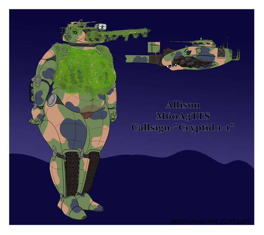 2025 absurd_res allison_(pit_viper) anthro black_sclera body_hair camo_body camo_net colored dark_nipples deep_navel female green_body green_eyes grey_body gun happy_trail hi_res living_machine living_tank living_vehicle m60 m60a3 machine machine_gun navel panzerschreckleopard pubes pupils ranged_weapon smoke smoke_from_mouth solo tan_body tank_(vehicle) tankmorph vehicle weapon white_pupils