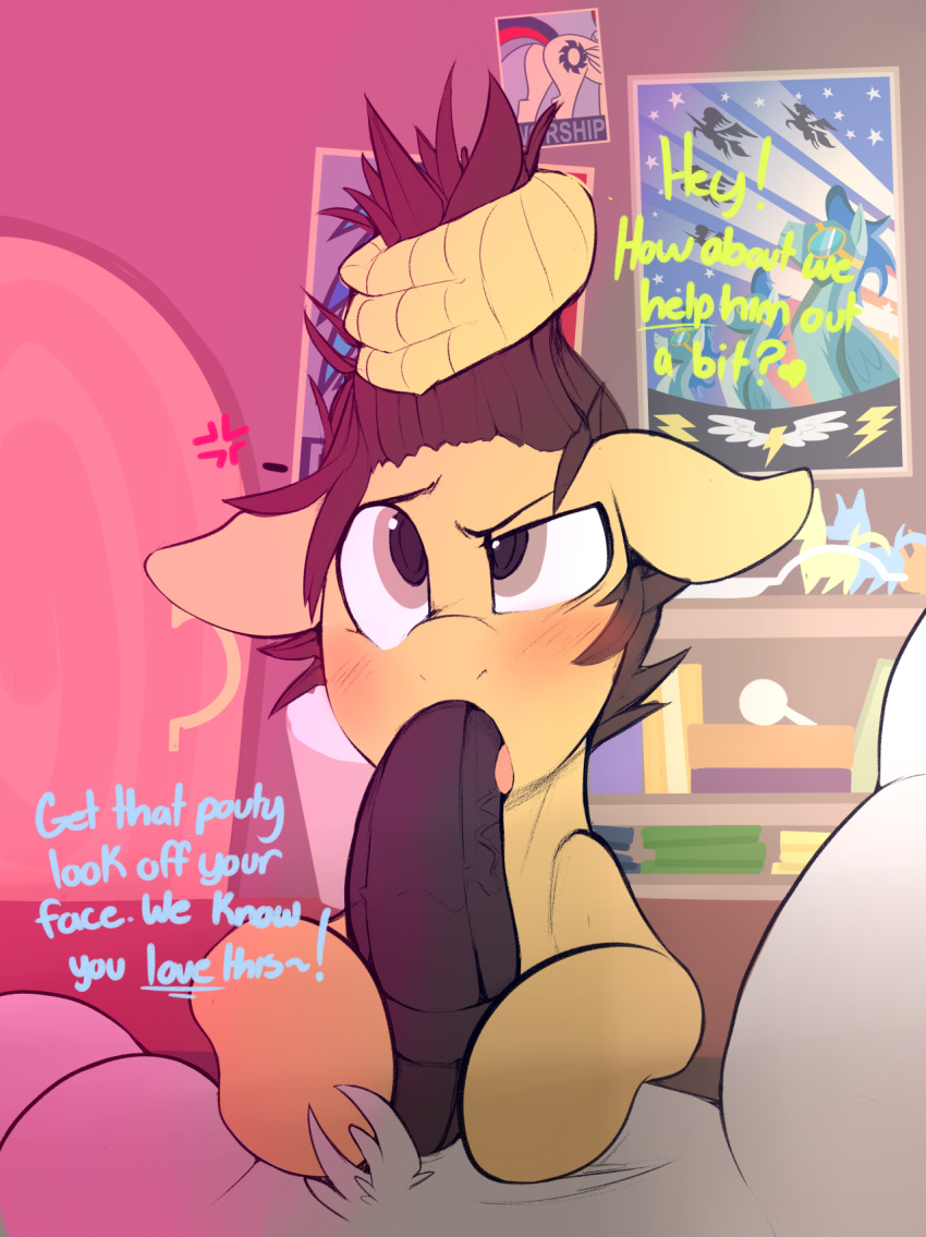 blush dialogue english_text equine erection fellatio hi_res horse kribbles kribbles_(character) male mammal my_little_pony oral penis pony pulling_hair sex text yaoi