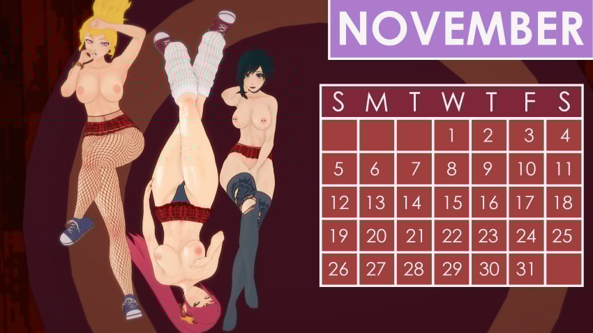3girls black_hair black_hair_female blonde_female blonde_hair breasts calendar calendar_(medium) calendar_(object) calendar_pinup female fishnet_legwear green_eyes half-dressed half_naked half_naked_female indrick_[artist] november_(month) pinup pinup_girls pinup_pose ponytail purple_eyes pyrrha_nikos red_hair red_hair_female ruby_rose rwby silver_eyes skirt yang_xiao_long