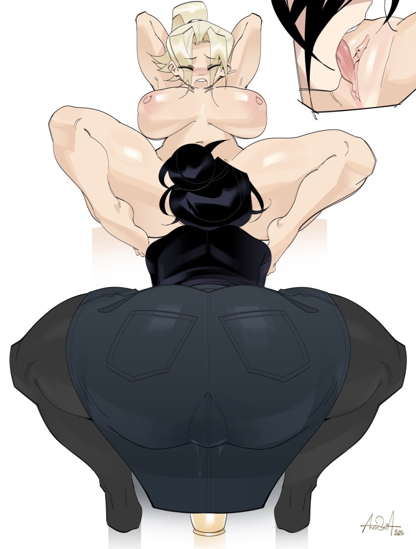 anor3xia armpits arms_up big_ass big_breasts black_hair blonde_hair clothed curvy hidden_dildo incest lesbian_sex licking_pussy naked original original_character riding_dildo sisters thick_thighs twins yuri