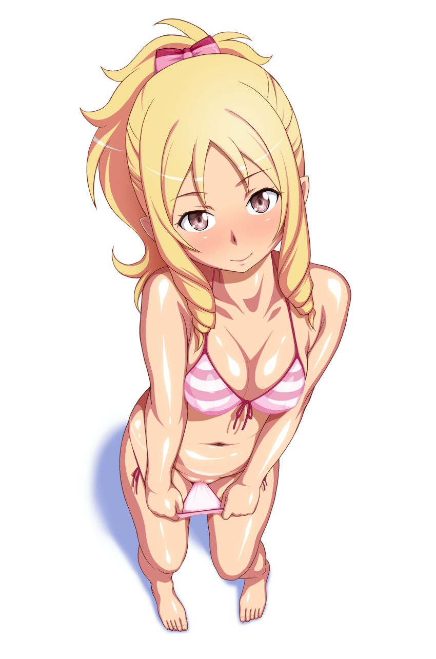 bare_arms bare_legs barefoot blonde_hair blush bow breasts clitoris closed_mouth collarbone drill_hair eromanga_sensei feet female from_above front-tie_bikini full_body green_eyes hairbow looking_at_viewer navel ponytail pussy shadow side-tie_bikini simple_background solo standing striped striped_bikini swimsuit tan toes twin_drills white_background yamada_elf yanagi_hirohiko