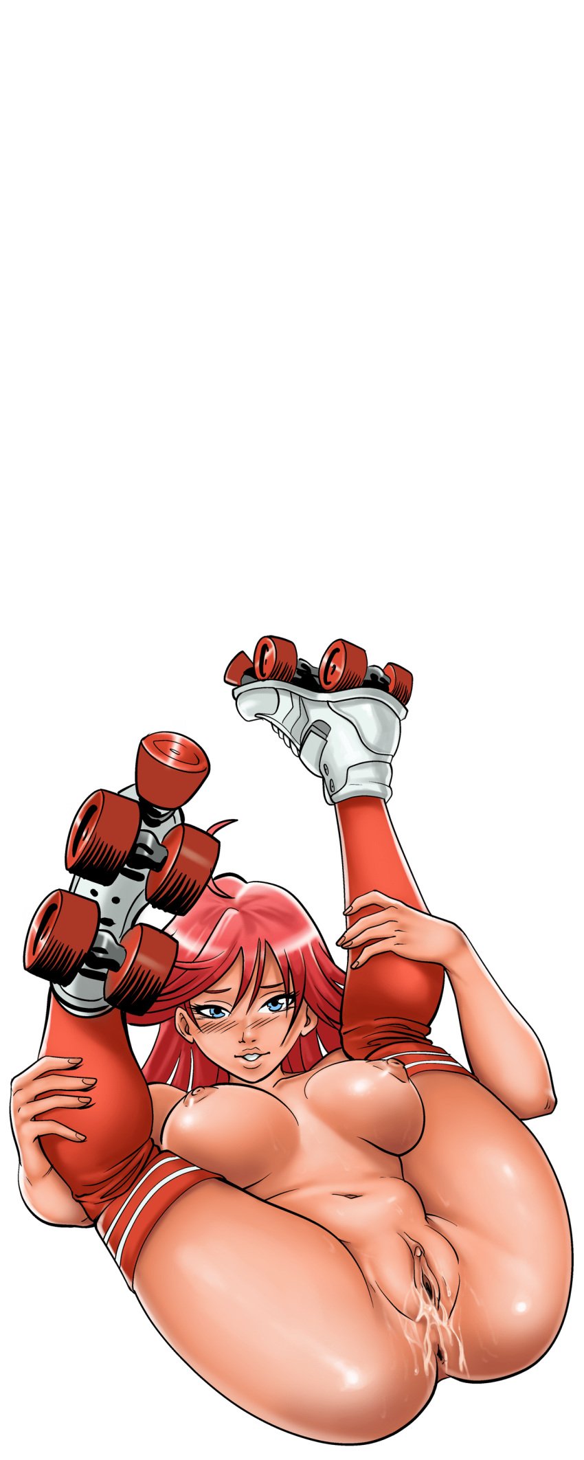 alana_(hentai_heroes) anus ass blue_eyes breasts cg cleft_of_venus clitoris fat_mons female flexible hentai_heroes high_heels kinkoid large_breasts legs_over_head legs_up long_hair looking_at_viewer lying nail_polish nipples nude official_art on_back panty_anarchy parody pussy pussy_juice red_hair rollerskating_alana_(hentai_heroes) shiny_skin shoes simple_background smile solo spread_legs uncensored