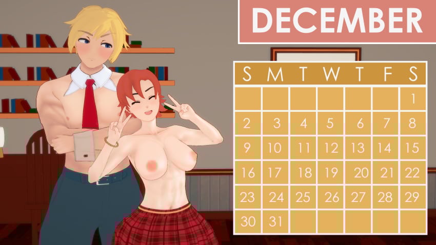 1boy 1girls blonde_female blonde_hair breasts calendar calendar_(medium) calendar_(object) calendar_pinup december_(month) half-dressed half_naked half_naked_female half_naked_male indrick_[artist] jaune_arc nora_valkyrie orange_hair orange_hair_female pinup pinup_girls pinup_pose rwby skirt tie