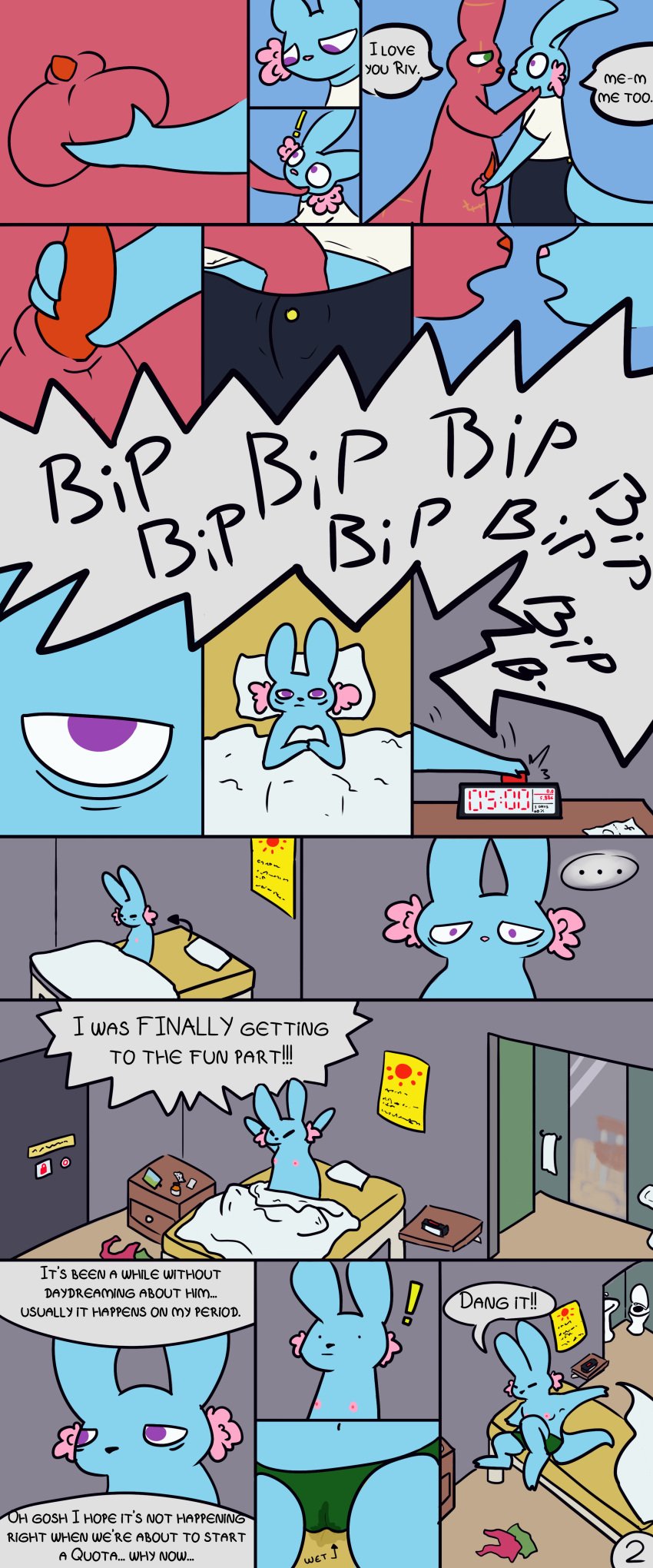 absurd_res andromorph angry anthro areola balls bed blue_body bodily_fluids breasts comic dialogue door dream english_text erinthebat furniture genital_fluids genitals hi_res holding_balls hunter_(rain_world) inside intersex lethal_company love_declaration male poster rain_world rivulet_(rain_world) sleeping slugcat small_breasts speech_bubble text tired toilet trans_(lore) trans_man_(lore) vaginal_fluids videocult waking_up wet