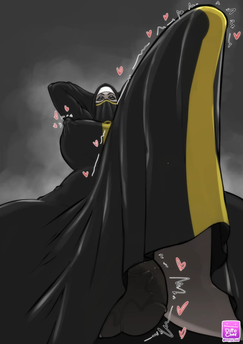 1futa 1futanari arab_futa arabian arabian_clothes arms_behind_head balls breasts bulge bulge_through_clothing dittochad down_view erection erection_under_clothes futanari heart hijab nipple_erection nipples tenting voluptuous