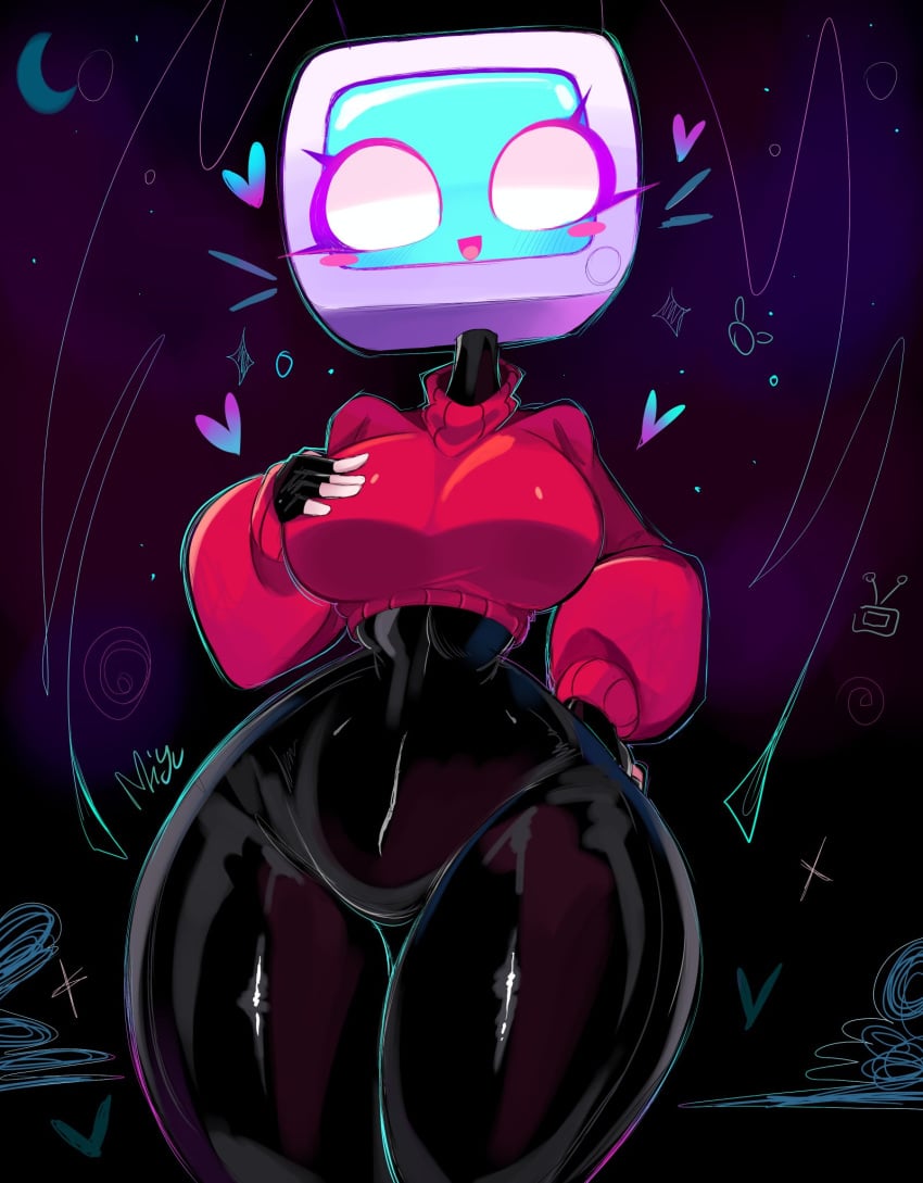 1girls black_body black_bodysuit black_latex blush blush bodysuit bodysuit_under_clothes breasts eyelashes eyes_open female female_focus female_only fingerless_gloves gazericc glistening hand_on_breast heart heart_symbol humanoid latex latex_suit looking_at_viewer medium_breasts miyu_(rox_hoxten) open_mouth red_sweater rox_hoxten shiny_clothes shiny_latex shiny_skin slim_waist smile smiling smiling_at_viewer solo solo_female solo_focus sweater thick_thighs thighs tight_clothing tv tv_head wide_hips