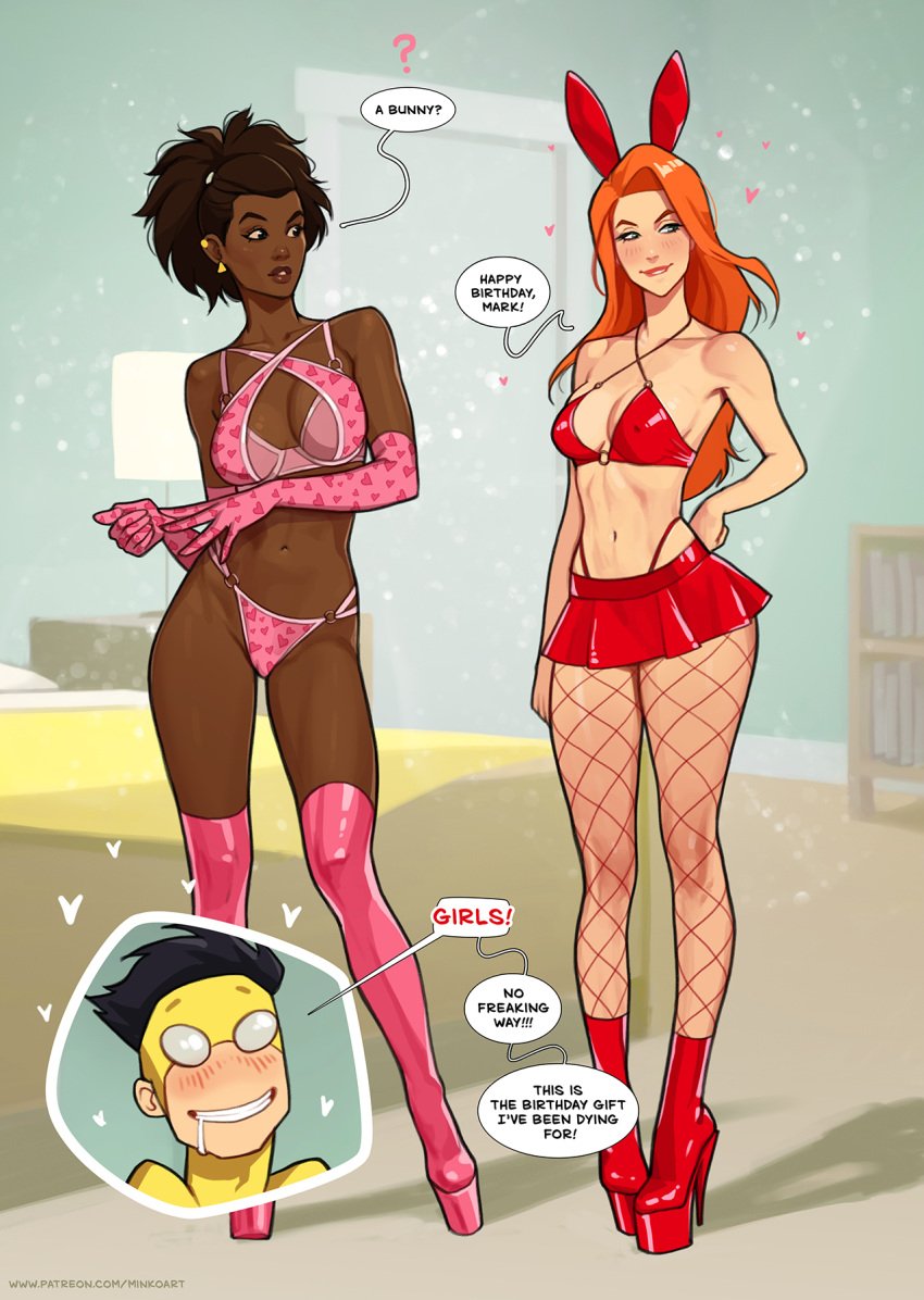 1boy 2girls amber_bennett atom_eve breasts bust busty curvaceous curvy curvy_figure dark-skinned_female dark_skin female hips image_comics invincible invincible_(comics) invincible_(superhero) invincible_(tv_series) light-skinned_female light_skin mark_grayson mature mature_female minko samantha_eve_wilkins slim_waist straight thick thick_hips thick_legs thick_thighs thighs voluptuous waist wide_hips