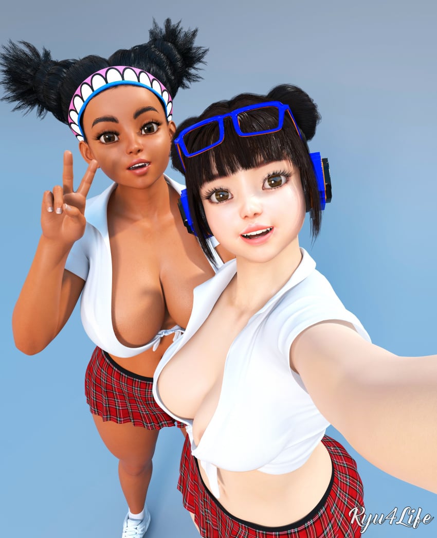 2girls 3d brown_eyes brown_hair busty capcom cleavage female female_focus female_only hourglass_figure li-fen lily_hawk ryu4life school_uniform schoolgirl selfie street_fighter street_fighter_6 tagme tied_shirt wide_hips