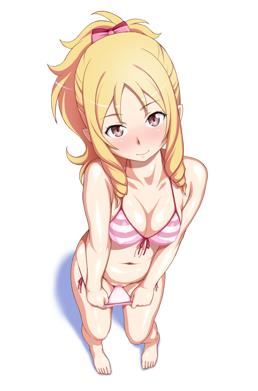 bare_arms bare_legs barefoot blonde_hair blush bow breasts clitoris closed_mouth collarbone drill_hair eromanga_sensei feet female from_above front-tie_bikini full_body green_eyes hairbow looking_at_viewer navel ponytail pussy shadow side-tie_bikini simple_background solo standing striped striped_bikini swimsuit toes twin_drills white_background yamada_elf yanagi_hirohiko