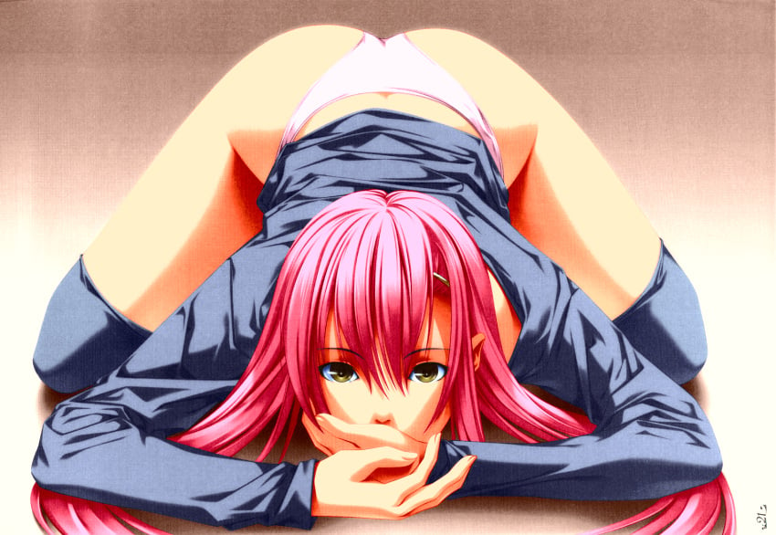 1girls colorized eyebrows_visible_through_hair female hayate_no_gotoku! katsura_hinagiku legwear long_hair panties pantsu pink_hair senomoto_hisashi shirt solo stockings yellow_eyes