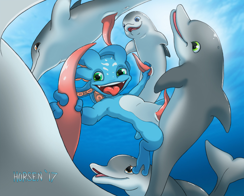 cetacean dolphin feral fizz_(lol) green_eyes group group_sex horsen league_of_legends male mammal marine orgy penis riot_games sex smile video_games water yaoi zoophilia