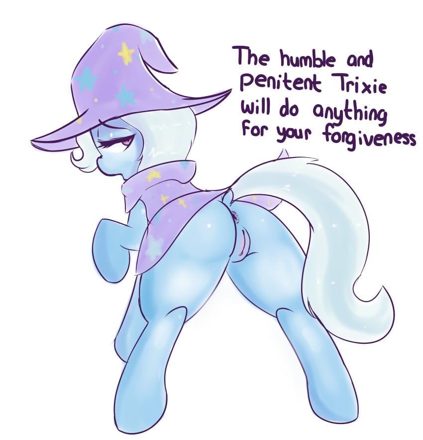 2016 anus ass cape clothing dialogue dock earth_pony english_text equine female feral friendship_is_magic hair half-closed_eyes hat hi_res horse looking_at_viewer looking_back mammal my_little_pony pony presenting presenting_hindquarters purple_eyes pussy simple_background solo text trixie_(mlp) white_background white_hair wickedsilly wizard_hat