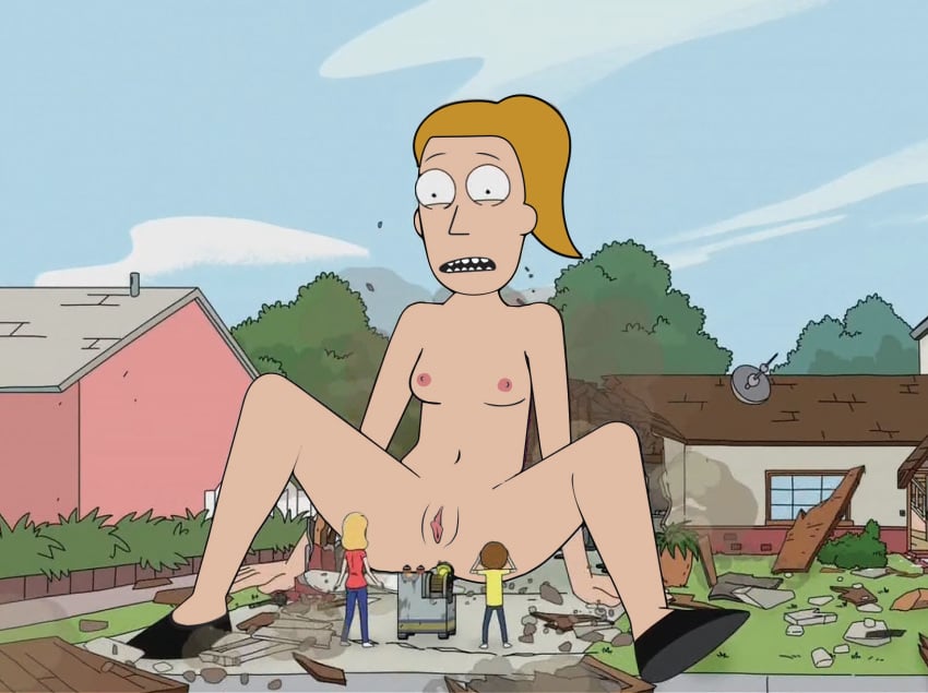 accidental_exposure beth_smith breasts embarrassed embarrassed_nude_female exposed giantess growth labia labia_minora legs_apart morty_smith nipples nobodyman9000 public_nudity pussy rick_and_morty screencap screenshot screenshot_edit shoes summer_smith tagme