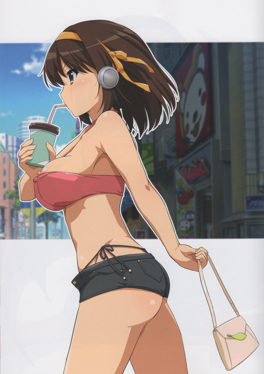 absurdres ass bag bandeau bangs bare_shoulders blue_sky breasts brown_eyes brown_hair cloud drinking_cup drinking_straw female hairband handbag haruhisky headphones highres large_breasts nipple_slip nipples panties road scan shop short_hair short_shorts shorts side-tie_panties sky solo strapless street streetwear suzumiya_haruhi suzumiya_haruhi_no_yuuutsu tree tubetop unbuttoned underwear