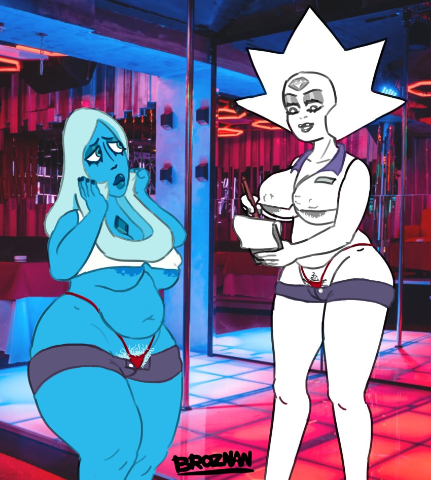 areola_slip bbw belly big_areola big_ass big_belly big_breasts blue_diamond_(steven_universe) blue_hair blue_skin broznan chubby chubby_female crop_top female_only hourglass_figure micro_shorts micro_thong nipple_bulge overweight overweight_female pubes_exposed pubic_hair pubic_hair_peek pubic_stubble steven_universe stripper_pole unbuttoned_pants underboob white_diamond_(steven_universe) white_hair white_skin wide_hips