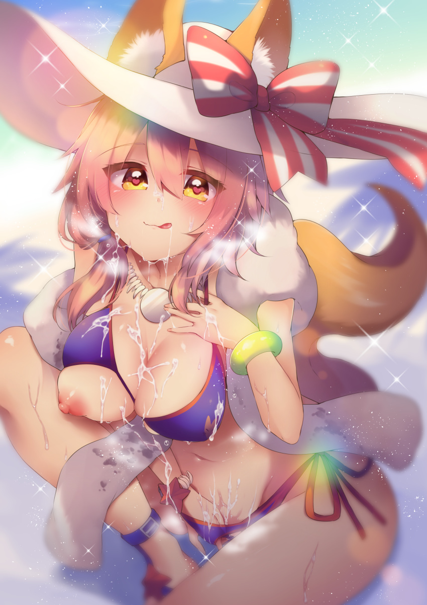 absurdres animal_ears bikini blue_bikini blush breasts cleavage collarbone cum cum_on_body cum_on_breasts cum_on_upper_body ears_through_headwear facial fate/grand_order fate_(series) female fox_ears fox_tail hat heart heart-shaped_pupils highres kaenuco large_breasts long_hair looking_at_viewer navel ocean one_breast_out pink_hair pussy_juice solo swimsuit symbol-shaped_pupils tail tamamo_no_mae_(fate) tongue yellow_eyes