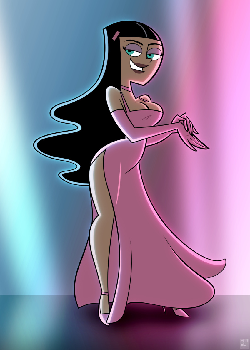 1girls 2011 breasts brown_skin cleavage clothing collar danny_phantom dark-skinned_female dark_skin dlt dress female female_only high_heels long_hair nickelodeon paulina_sanchez pink_dress purple_lipstick smiling teal_eyes very_long_hair wide_hips