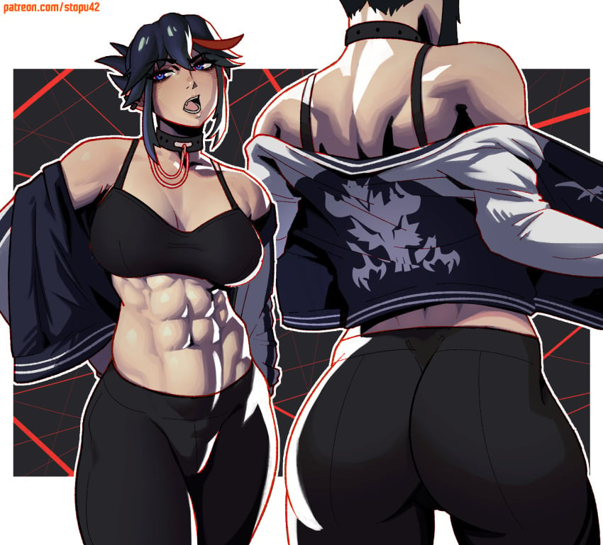 1girls abs ass ass_focus back back_view bare_shoulders big_ass big_breasts big_butt black_hair blue_eyes clothed clothing color female female_focus female_only fit_female hi_res kill_la_kill large_breasts light-skinned_female light_skin looking_at_viewer matoi_ryuuko muscles muscular muscular_female open_mouth short_hair solo solo_female stopu tagme thick_thighs