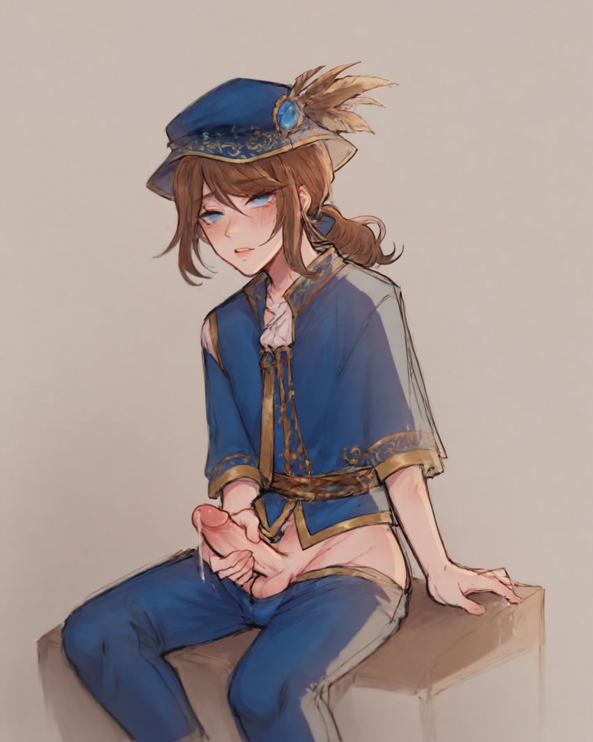 1boy ai_generated blue_eyes blue_hat blue_pants blue_shirt brown_hair dripping_precum edgar_valden falsegate feathers hand_on_own_penis hand_on_penis hat highres identity_v idv masturbation medium_hair pants_pulled_down ponytail precum_drip pulled_down_pants sitting solo stable_diffusion