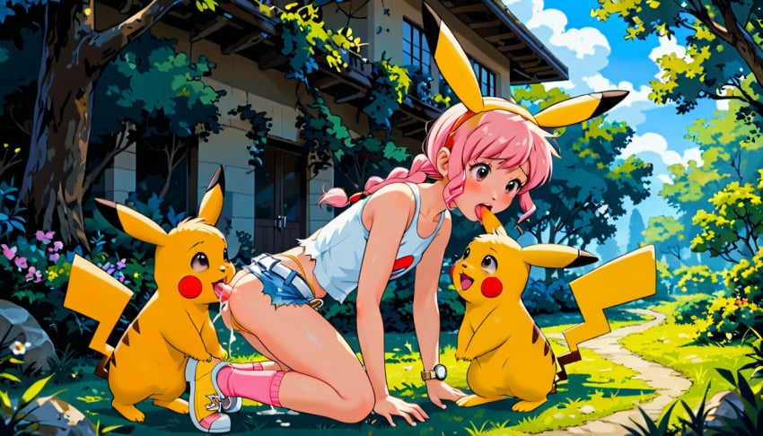 ai_generated anal bent_over licking licking_ass licking_ear original_character pikachu pokefan_alice pokemon pokemon_(species) public public_sex ripped_clothing terror139