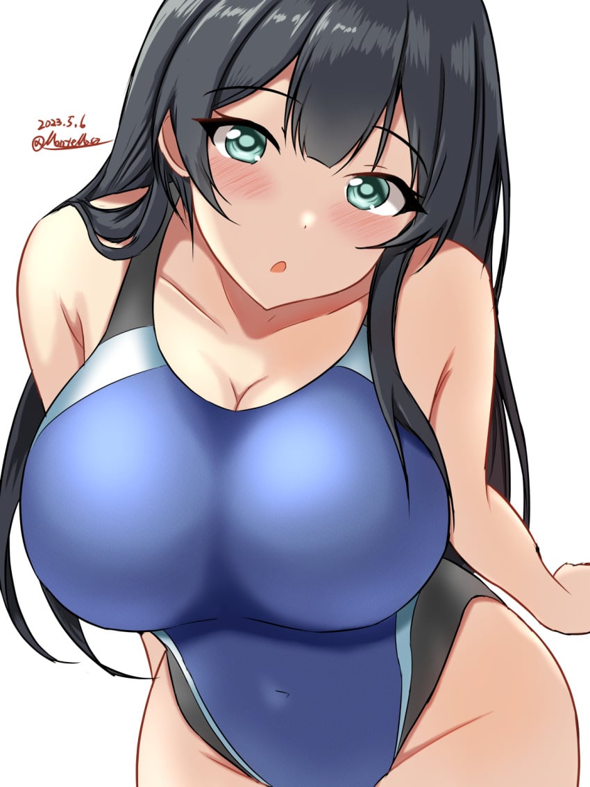 agano_(kancolle) black_hair black_one-piece_swimsuit blue_one-piece_swimsuit blush breasts competition_swimsuit covered_navel dated female green_eyes highleg highleg_one-piece_swimsuit highres impossible_clothes impossible_swimsuit kantai_collection large_breasts long_hair looking_at_viewer montemasa multicolored_swimsuit one-hour_drawing_challenge one-piece_swimsuit open_mouth solo swimsuit twitter_username two-tone_swimsuit