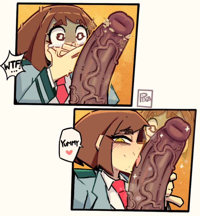 anime anime_style balls big_penis black_penis boku_no_hero_academia digital_media_(artwork) nsfw pixzapix smegma smegma_in_foreskin smegma_in_mouth smegma_on_tongue toga toga_himiko uraraka_ochako uraraka_ochako_(hero_outfit)