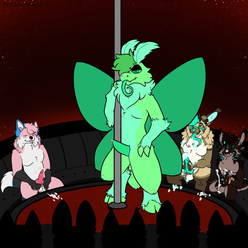 absurd_res anthro arthropod audience bodily_fluids brown_body canid canine cody_the_fenntrix cum cum_drip cum_on_stage cum_on_tongue dripping drooling ejaculation entotherium_(species) fenntrix fox freakyfenntrix genital_fluids genitals green_body group hi_res insects lepidopteran male male/male mammal maus_(character) moth pattern_background penis pink_body pole red_background rowan_galloway(character) saliva silhouette simple_background skye_foxxe stage stripper stripper_pole tongue unusual_anatomy unusual_bodily_fluids unusual_cum unusual_genital_fluids unusual_genitalia unusual_penis