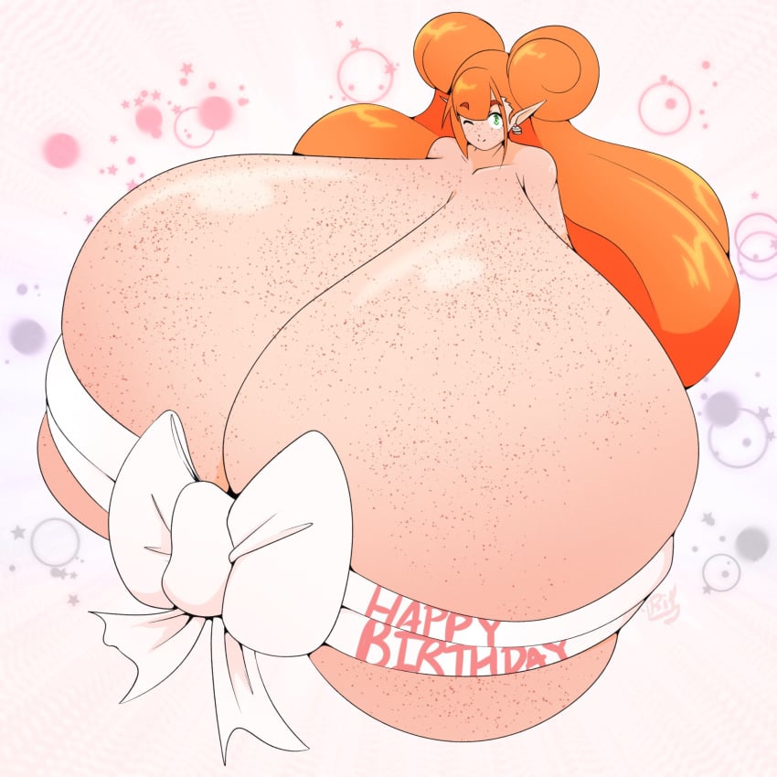 birthday_gift elf freckles hyper_breasts looking_at_viewer orange_hair present ribbon riley_moore_(artist) rilli_oshina tagme theycallhimcake wink