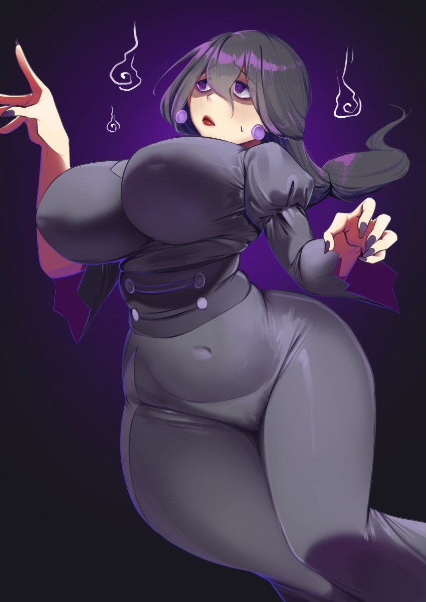 1girls dress full_body hex_maniac_(z-a) huge_breasts littlefevil nail_polish npc_trainer pokemon pokemon_legends:_z-a purple_hair purple_nails tagme wide_hips