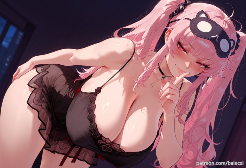 ai_generated artist_name balecxi bare_shoulders bent_over black_choker black_scrunchie blush cleavage collarbone female finger_to_mouth hair_ornament hair_scrunchie hololive hololive_english huge_breasts indoors long_hair looking_at_viewer messy_hair mori_calliope nightgown official_alternate_costume patreon_username pink_eyes pink_hair sleep_mask smile solo thighs twintails virtual_youtuber vtuber web_address