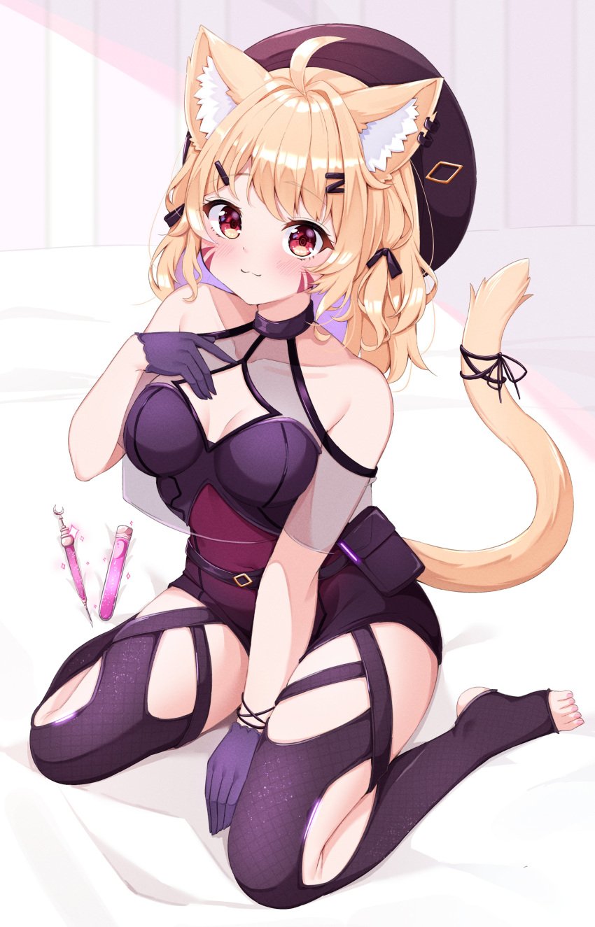 ahoge animal_ear_fluff animal_ears bare_shoulders between_legs black_gloves black_headwear blonde_hair blush breasts cat_ears cat_girl cat_tail cleavage closed_mouth collarbone dress female fishnets franek89 full_body garter_straps gloves hair_ornament hairclip halterneck hand_between_legs hat kneeling large_breasts looking_at_viewer medium_breasts red_eyes ribbon sitting sleeveless smile solo squchan_(vtuber) striped striped_background syringe tail tail_raised thighhighs toeless_legwear torn_clothes torn_legwear twintails vyugen