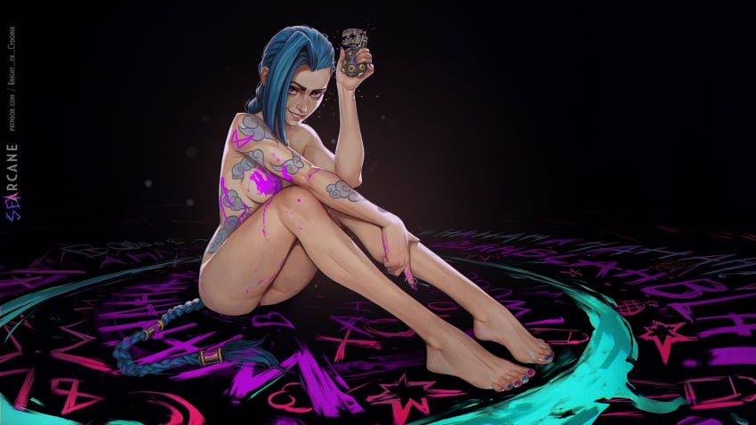 1girls 2d arcane arcane_jinx arm_tattoo blue_hair blue_nails body_writing bodypaint breasts cloud_tattoo completely_nude feet female full_body graffiti grenade grin jinx_(league_of_legends) knightofcydonia league_of_legends legs long_legs looking_at_viewer md5_mismatch multicolored_nails nail_polish nipples nude paint_on_body petite petite_body petite_breasts pink_eyes purple_eyes purple_nails shoulder_tattoo sitting skinny skinny_girl slim slim_waist small_breasts solo solo_female solo_focus source_smaller tattoo tattoos teenage_girl thick_eyebrows thighs tiny_waist toenail_polish twin_braids very_long_hair