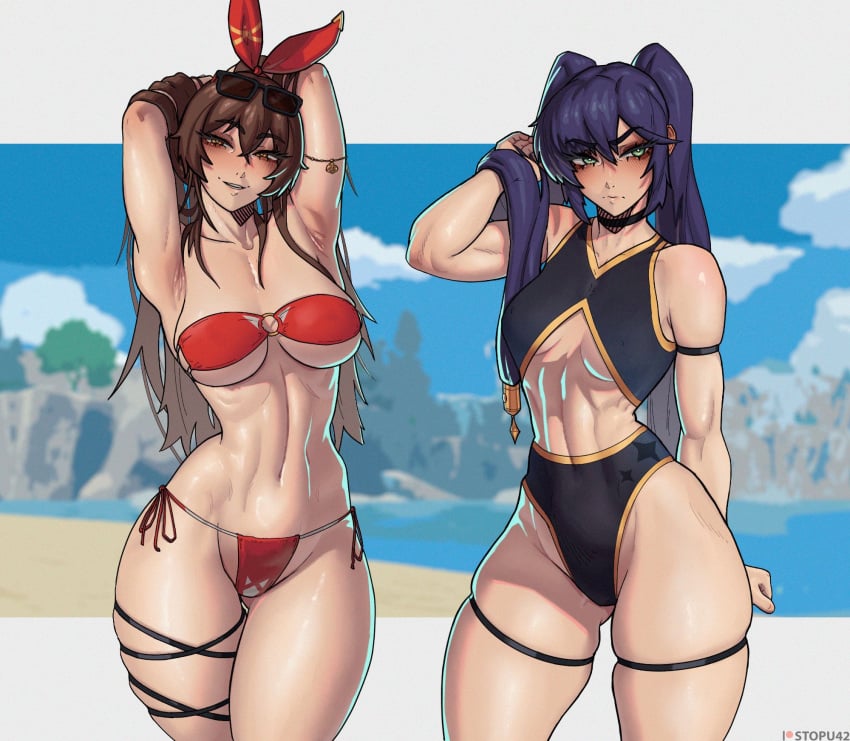 2girls abs amber_(genshin_impact) bare_arms bare_legs bare_shoulders bare_thighs big_breasts bikini bikini_bottom bikini_top black_hair blush brown_eyes brown_hair clothed clothing color female female_focus female_only fit_female genshin_impact hi_res large_breasts light-skinned_female light_skin long_hair looking_at_viewer mona_(genshin_impact) muscles muscular muscular_female solo_female stopu tagme thick_thighs