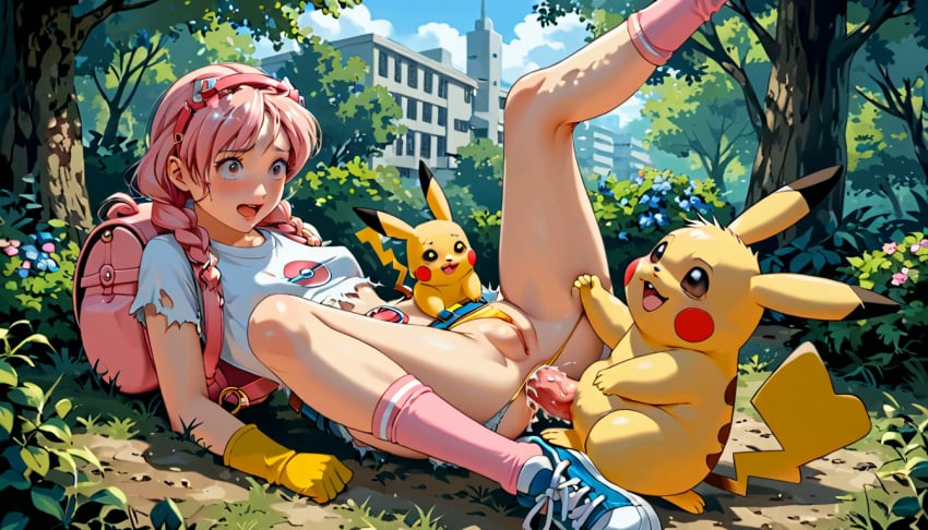 ai_generated anal anal_sex cum cum_in_ass cum_inside interspecies looking_at_viewer missionary_position on_back original_character pikachu pokefan_alice pokemon pokemon_(species) public public_sex ripped_clothing suprised terror139